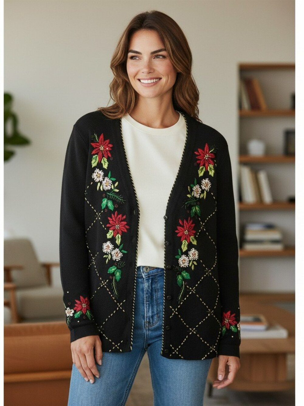 Ronnie Salloway Small Christmas Sweater Poinsettias Ladies Holiday Cardigan Sz S